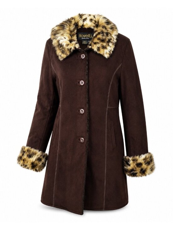 Novelti Jackets & Blazers - Vintage Novelti Mobwife Coat Womens S Brown Y2K Faux Suede Leopard Fur Trim